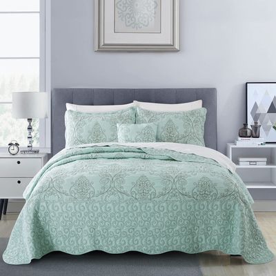 BYTIDE Quilt Bedspread Oversized Queen 4 Piece Bedding Set 110" x 120" Elegant Antique Classy Damask Embroidery with Scallop Edges, Ultra Soft Lightweight Coverlet, Blue