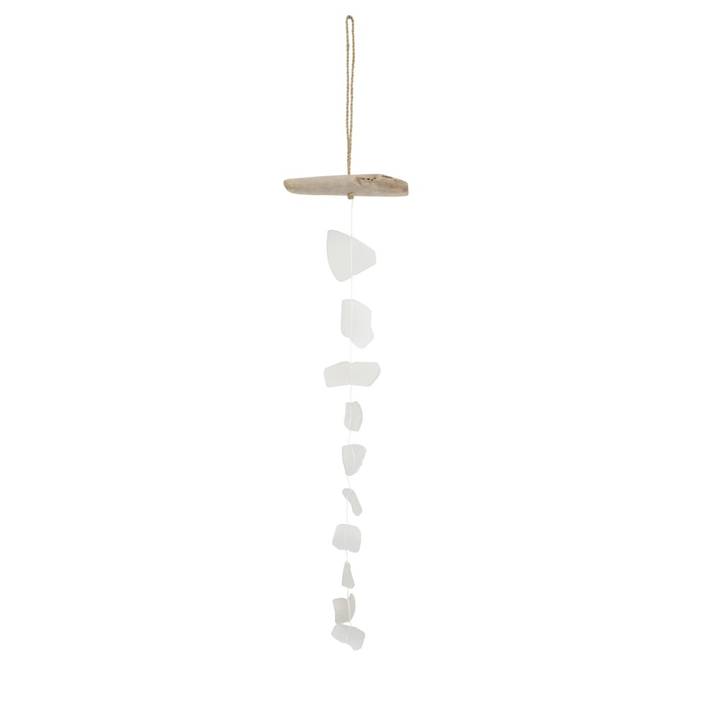 Tumbled Glass Suncatcher (24") - White - Recycled Glass and Driftwood - Cohasset Gifts - Garden Mobile, Window Art, Wind Chime