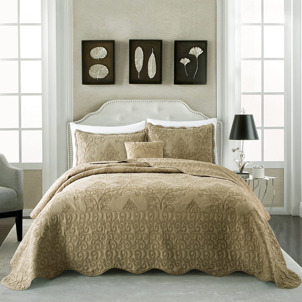 BYTIDE Quilt Bedspread Oversized Queen 4 Piece Bedding Set 110" x 120" Elegant Antique Classy Damask Embroidery with Scallop Edges, Ultra Soft Lightweight Coverlet, Brown