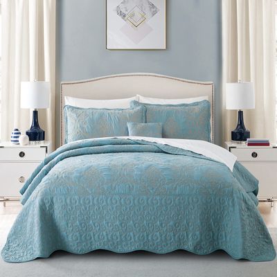 BYTIDE Quilt Bedspread Oversized Queen 4 Piece Bedding Set 110" x 120" Elegant Antique Classy Damask Embroidery with Scallop Edges, Ultra Soft Lightweight Coverlet, Forget Me Not