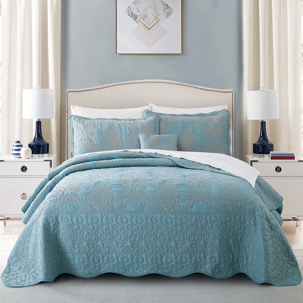 BYTIDE Quilt Bedspread Oversized Queen 4 Piece Bedding Set 110" x 120" Elegant Antique Classy Damask Embroidery with Scallop Edges, Ultra Soft Lightweight Coverlet, Forget Me Not