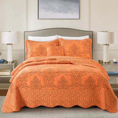 BYTIDE Quilt Bedspread Oversized Queen 4 Piece Bedding Set 110" x 120" Elegant Antique Classy Damask Embroidery with Scallop Edges, Ultra Soft Lightweight Coverlet, Orange