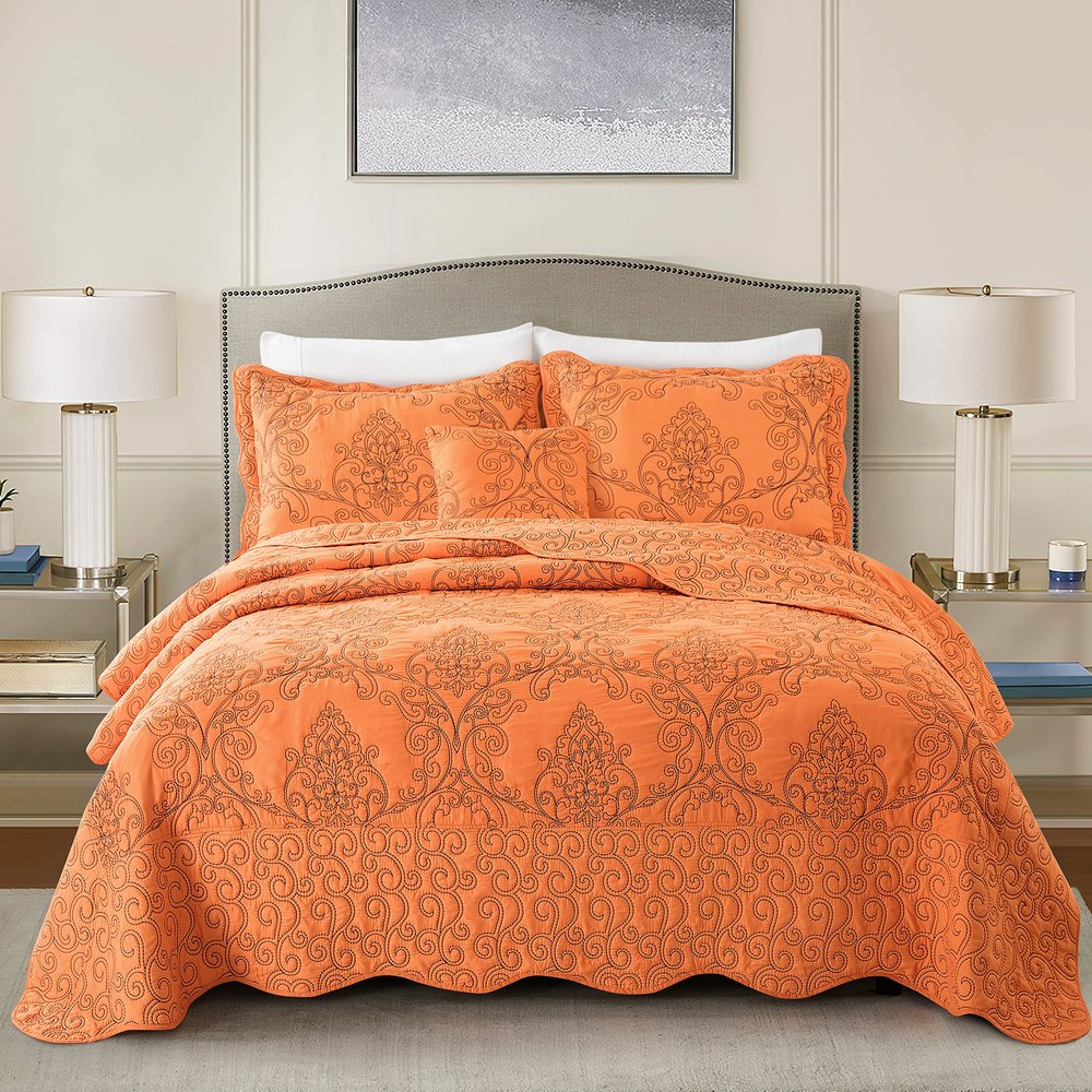 BYTIDE Quilt Bedspread Oversized Queen 4 Piece Bedding Set 110" x 120" Elegant Antique Classy Damask Embroidery with Scallop Edges, Ultra Soft Lightweight Coverlet, Orange
