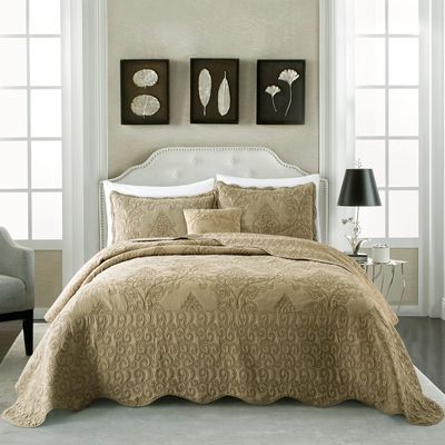 BYTIDE Quilt Bedspread Oversized King 4 Piece Bedding Set 120" x 120" Elegant Antique Classy Damask Embroidery with Scallop Edges, Ultra Soft Lightweight Coverlet, Brown