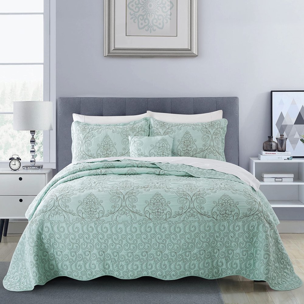 BYTIDE Quilt Bedspread Oversized King 4 Piece Bedding Set 120" x 120" Elegant Antique Classy Damask Embroidery with Scallop Edges, Ultra Soft Lightweight Coverlet, Blue
