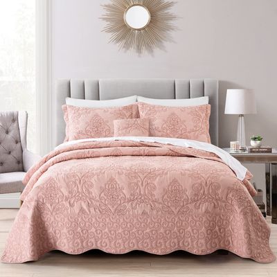 BYTIDE Quilt Bedspread Oversized King 4 Piece Bedding Set 120" x 120" Elegant Antique Classy Damask Embroidery with Scallop Edges, Ultra Soft Lightweight Coverlet, Dusty Pink