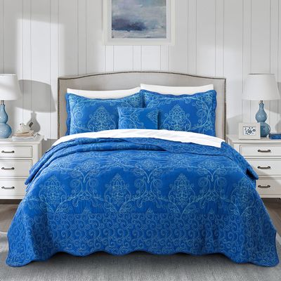 BYTIDE Quilt Bedspread Oversized King 4 Piece Bedding Set 120" x 120" Elegant Antique Classy Damask Embroidery with Scallop Edges, Ultra Soft Lightweight Coverlet, Royal Blue
