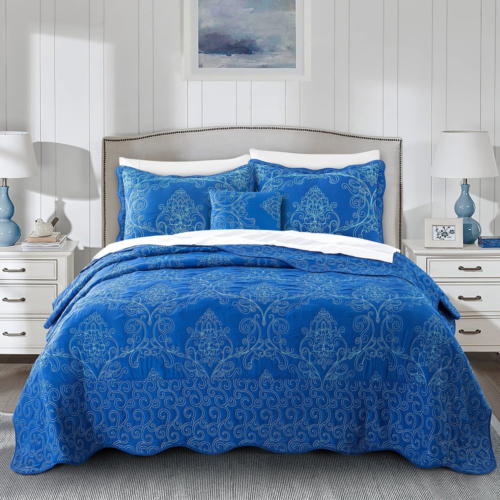 BYTIDE Quilt Bedspread Oversized King 4 Piece Bedding Set 120" x 120" Elegant Antique Classy Damask Embroidery with Scallop Edges, Ultra Soft Lightweight Coverlet, Royal Blue