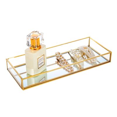Feyarl Gold Clear Glass Vanity Tray Jewelry Trinket Rings Earrings Organizer Perfume Collection Display Decorative Tray Anti-Mirror Surface for Dressr Room Drawer Office Tabletop (9.84 x 3.93inch)