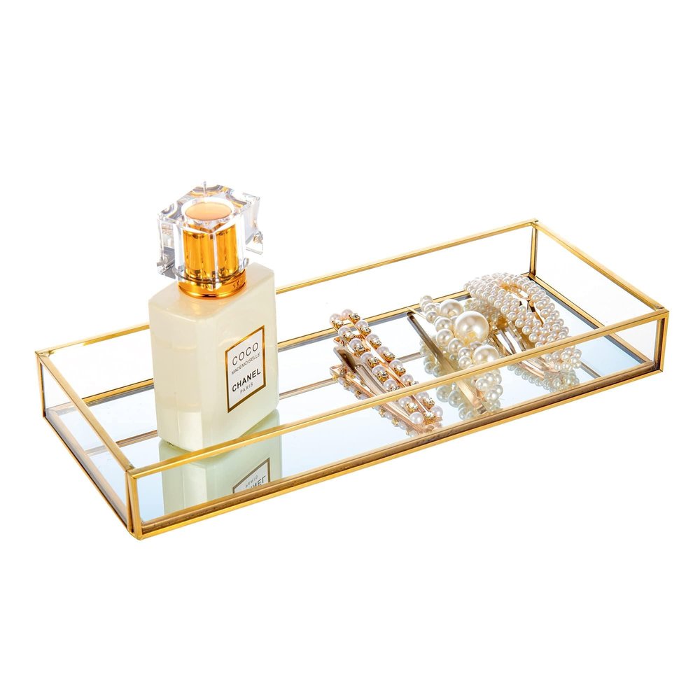 Feyarl Gold Clear Glass Vanity Tray Jewelry Trinket Rings Earrings Organizer Perfume Collection Display Decorative Tray Anti-Mirror Surface for Dressr Room Drawer Office Tabletop (9.84 x 3.93inch)
