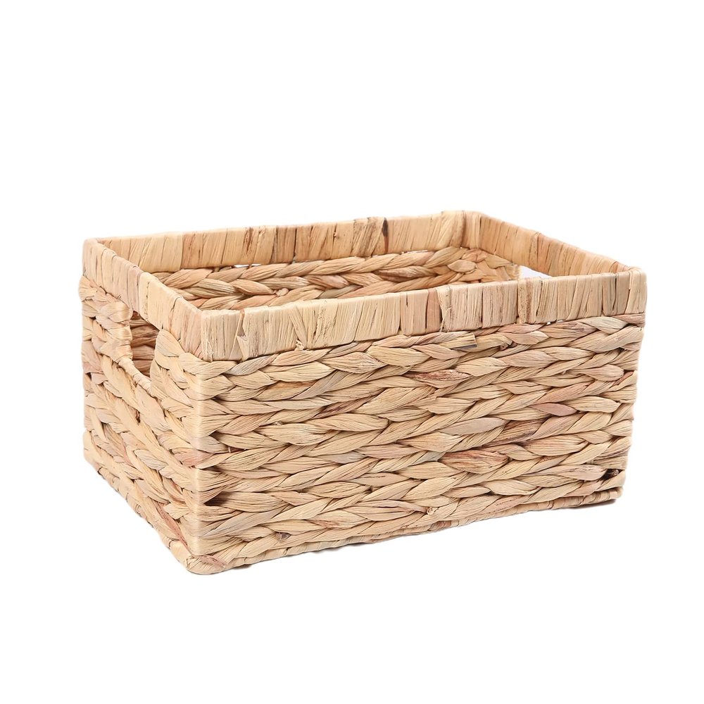 Rectangular Woven Water Hyacinth Storage Baskets with inside Handle for Shelves Bathroom Kitchen Office Desk (Style A)