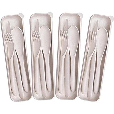 M&F 4 Pack Portable Utensils Set with Case, Wheat Straw Cutlery Set, Reusable Flatware Set Travel, Fork Spoon Cutter for Kids Adults Outdoor Office (Beige)