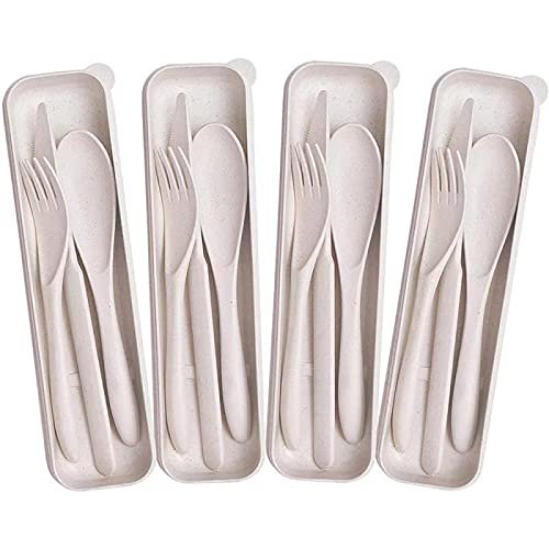 M&F 4 Pack Portable Utensils Set with Case, Wheat Straw Cutlery Set, Reusable Flatware Set Travel, Fork Spoon Cutter for Kids Adults Outdoor Office (Beige)