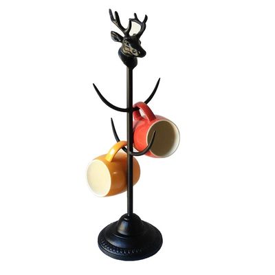 Black Wrought Iron Deer Head Coffee Mug Holder with 4 Hooks, Kitchen Accessories Storage Coffee Tea Cup Organizer Hanger Holder Cup Dryer