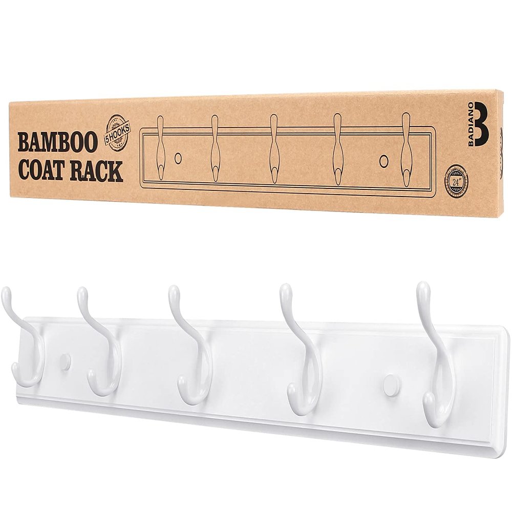 Badiano Wooden Coat Rack, Wall-Mounted Organizer for Closet, Entryway, Hallway, Foyer, Bedroom, Heavy Duty Double Hooks for Hanging Towels, Bags, Hats, Jackets, Key (White, 5 Hooks)