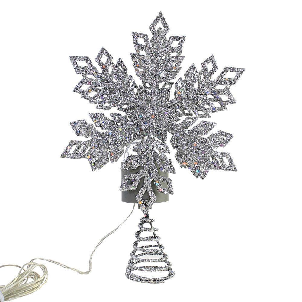 Roman 160251 LED Tricolor Snowflake Treetop with Timer, Plug-in, 12-inch Height, Metal, Silver