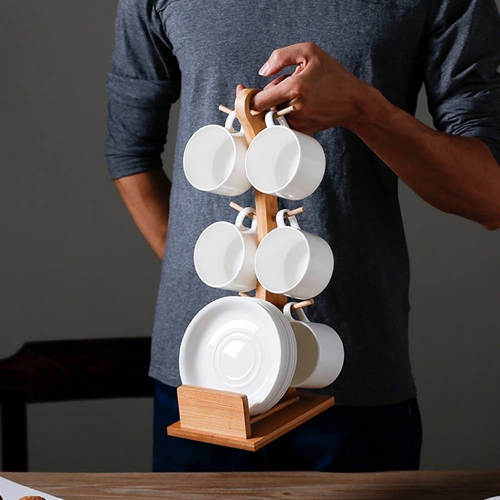 Bamboo Coffee Cup Rack Home Storage Creative Tea Mug and Saucer Display Organizer for Coffee Mugs, Tea Cups, Removable Bamboo Mug Stand with 6 Storage Hooks