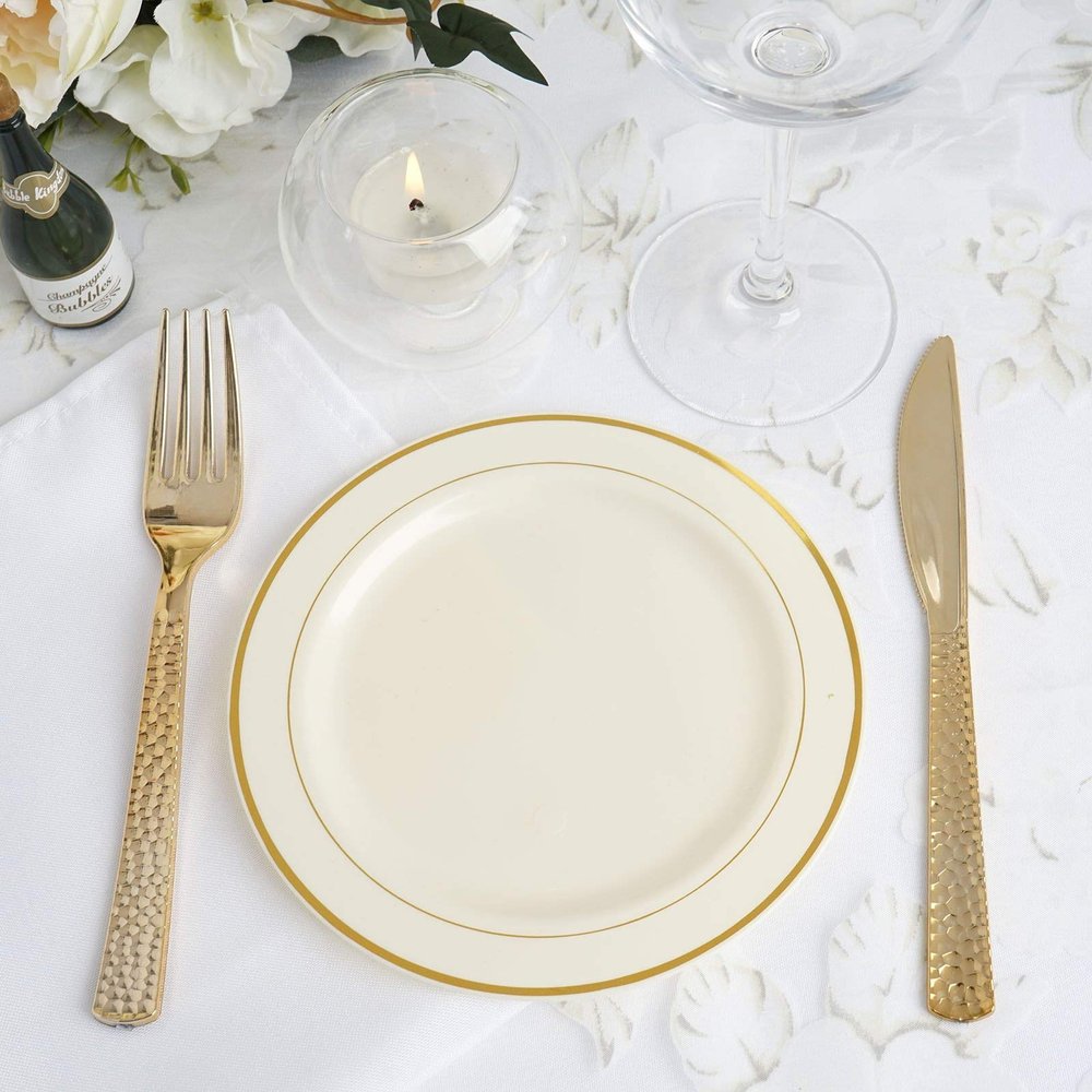 10 Pack - 6"Round Disposable Plastic Salad Dessert Plates With Ivory Rim