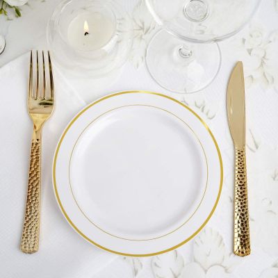 10 Pack - 6"Round Disposable Plastic Salad Dessert Plates With Gold Rim