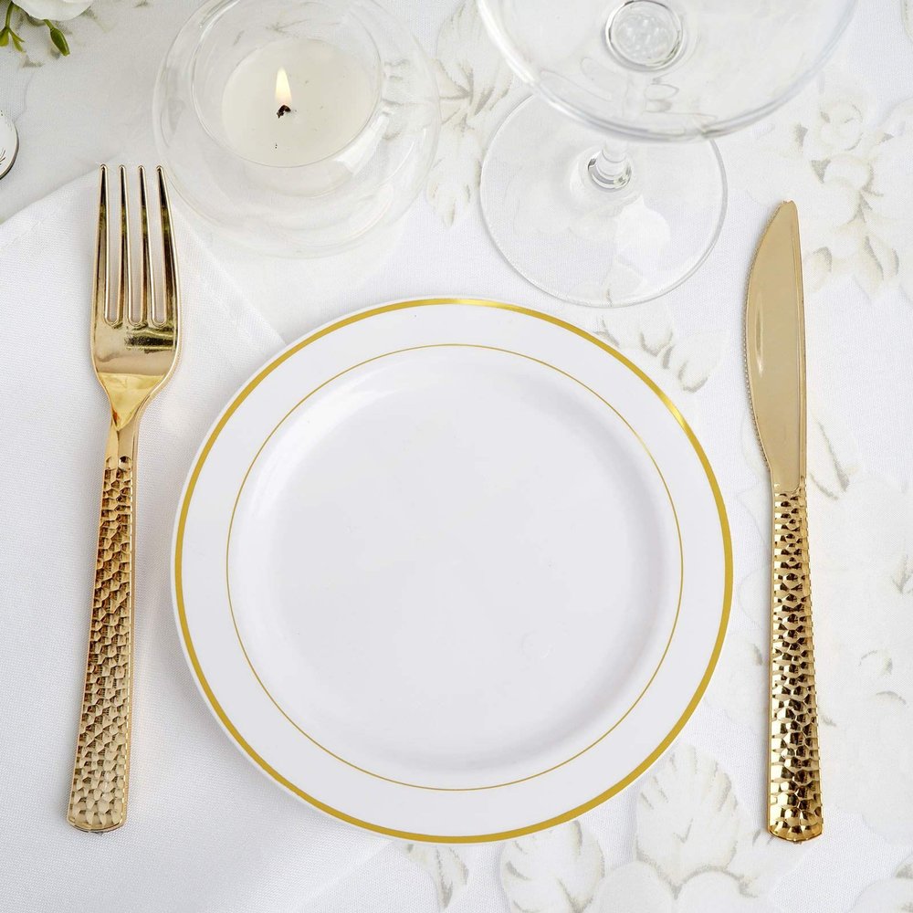 10 Pack - 6"Round Disposable Plastic Salad Dessert Plates With Gold Rim