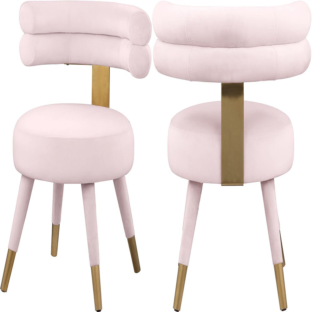 Meridian Furniture 747Pink-C Fitzroy Collection Velvet Upholstered Dining Chair with Deep Channel Tufted Back, Set of 2, Pink, 24.5" W x 22" D x 29.5" H