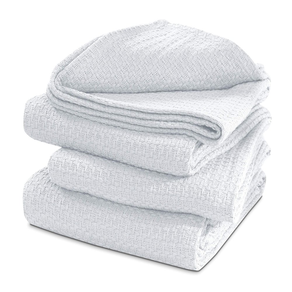 100% Cotton Basket Weave Thermal Bed Blanket Breathable Super Soft Layering All Season Light Weight for Home Decoration (White, King)