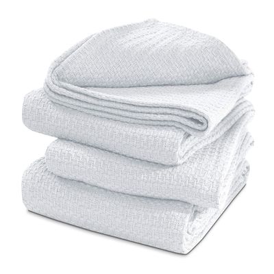 100% Cotton Basket Weave Thermal Bed Blanket Breathable Super Soft Layering All Season Light Weight for Home Decoration (White, Full/Queen)