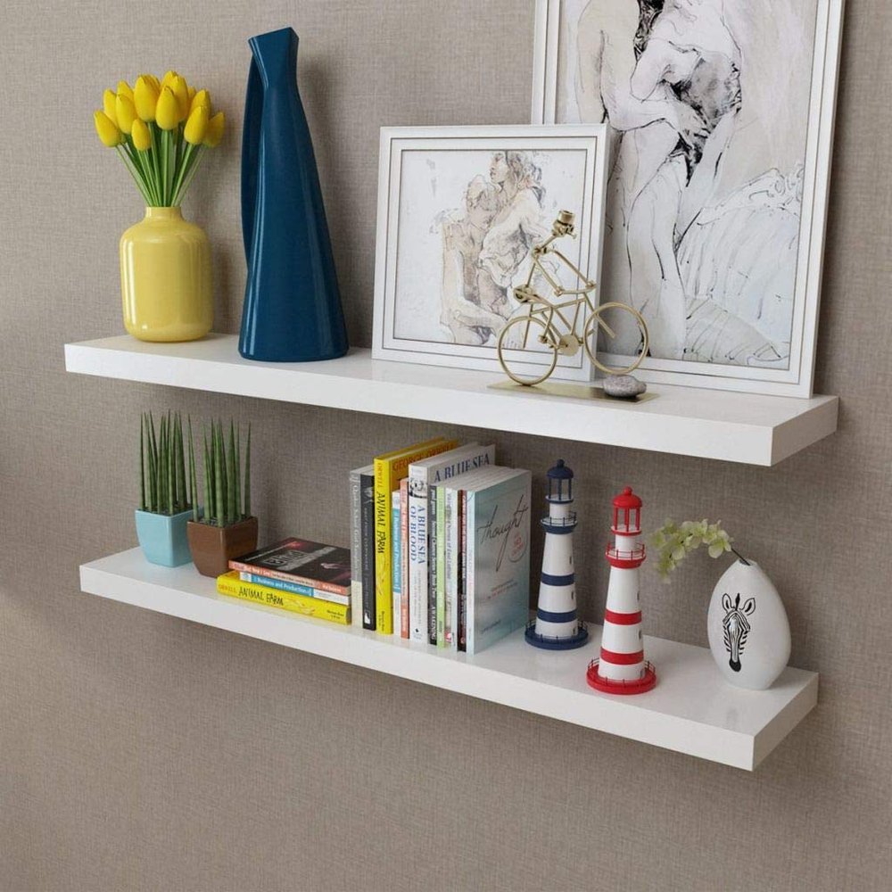 KTHLBRH 2 White MDF Floating Wall Display Shelves Book/DVD Storage Room Bedroom Storage,Floating Shelf,Wall Shelf,Decor Wall Mounted Shelves,Hanging Shelf Set for Bathroom Kitchen Living,Kitchen