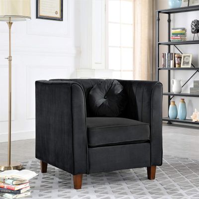 Container Furniture Direct Arvilla Velvet Chair with Bolster Pillows, Soft Upholstery, Mid Century Modern Design, Chesterfield-Inspired Accent Armchair for Living Rooms, Midnight Black
