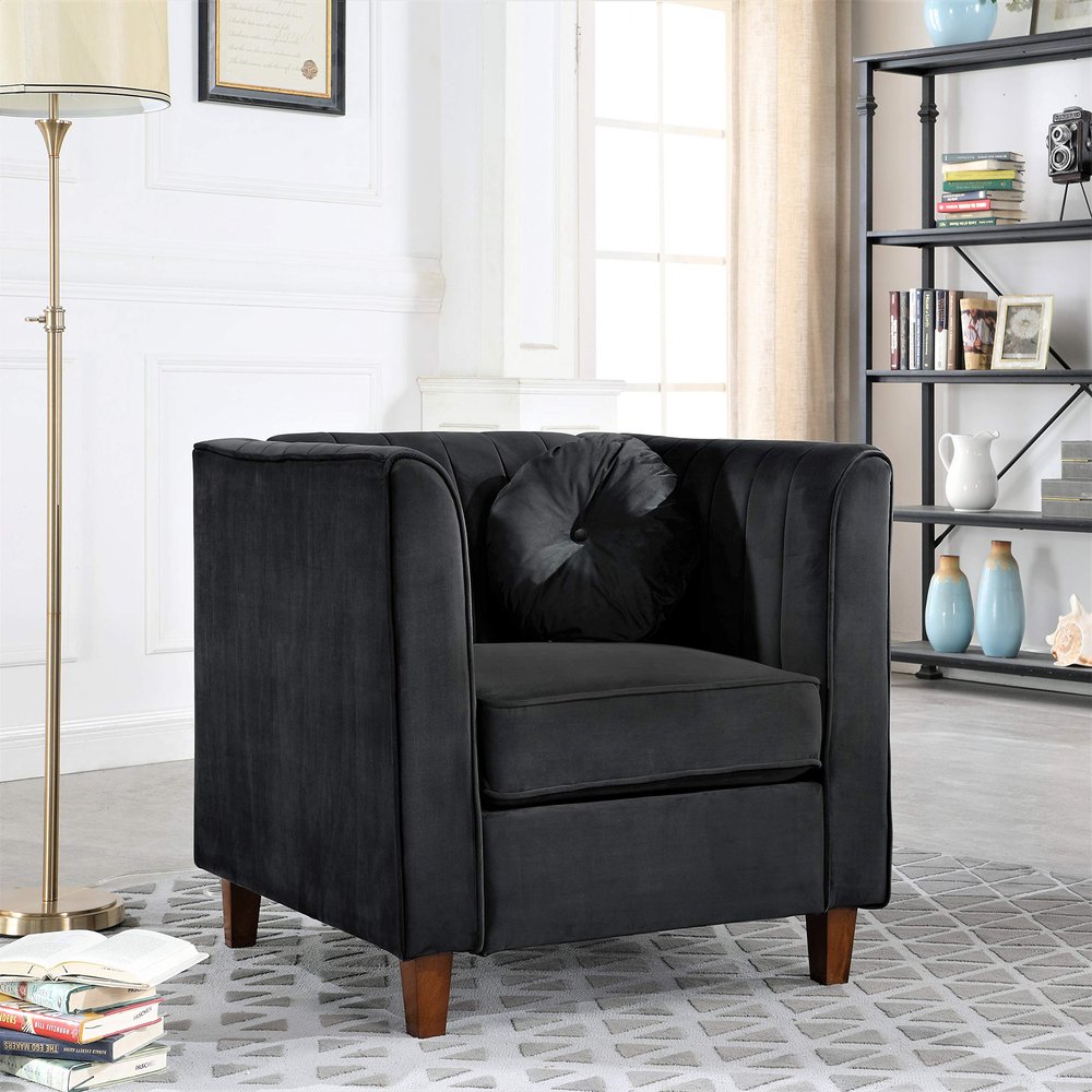 Container Furniture Direct Arvilla Velvet Chair with Bolster Pillows, Soft Upholstery, Mid Century Modern Design, Chesterfield-Inspired Accent Armchair for Living Rooms, Midnight Black