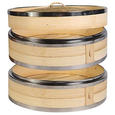 2 Tier Kitchen Bamboo Steamer with Double Steel Banding for Asian Buns Dumplings Vegetables Fish Rice