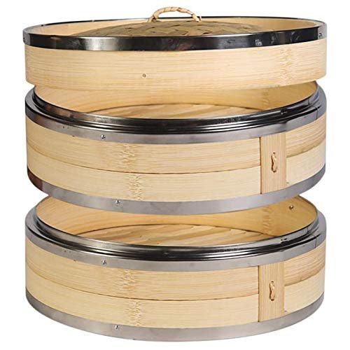2 Tier Kitchen Bamboo Steamer with Double Steel Banding for Asian Buns Dumplings Vegetables Fish Rice