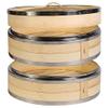 2 Tier Kitchen Bamboo Steamer with Double Steel Banding for Asian Buns Dumplings Vegetables Fish Rice view 1