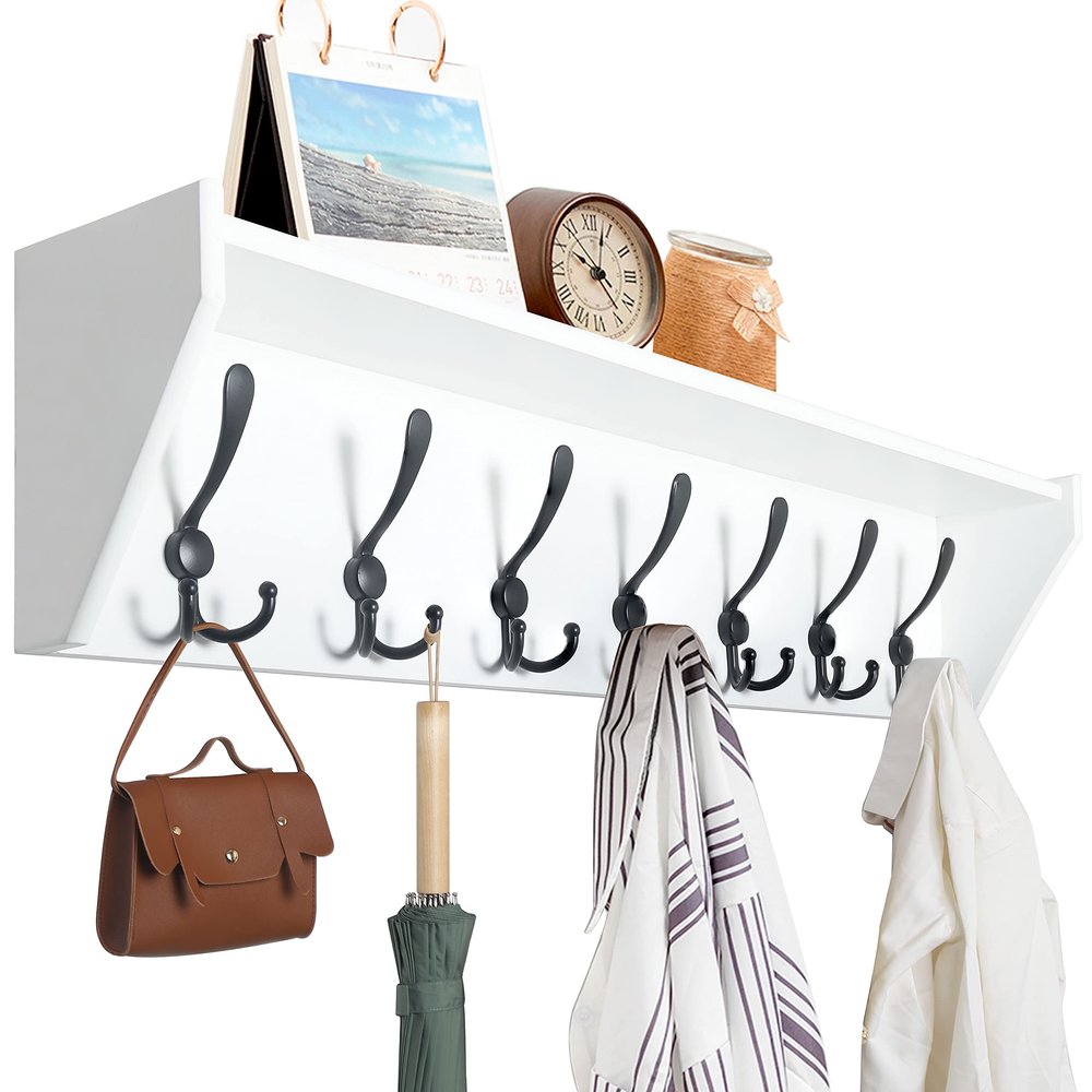 WEBI Coat Rack Wall Mount with Shelf,35" Long White Shelf with Hooks Underneath,7 Triple Hooks,Key Rack for Wall,Entryway Shelves for Wall