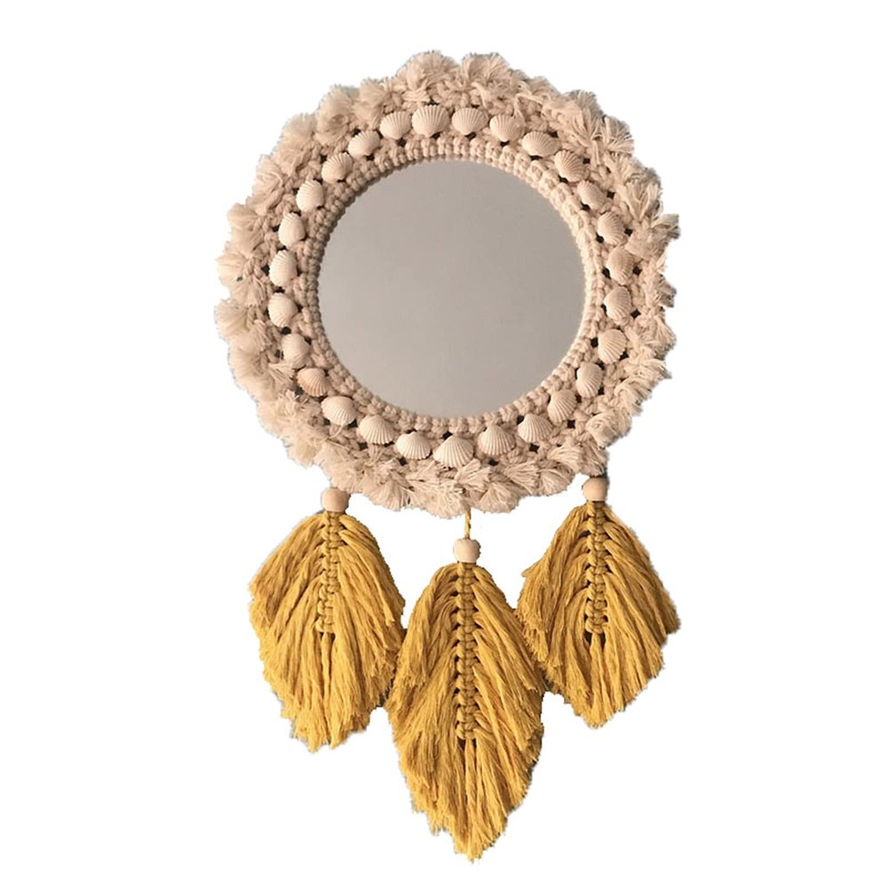 Albett Macrame Feather Wall Mirrors, Decor Mirror, Creative Makeup Mirrors Bath Room Tapestry, Mirror Wall Hanging of Bedroom