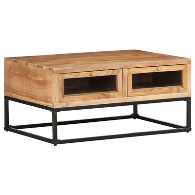 vidaXL Coffee Table, End Table with Steel Base, Side Table with 2 Drawers for Living Room Bedroom, Industrial, Solid Wood Acacia 35,4 Inch