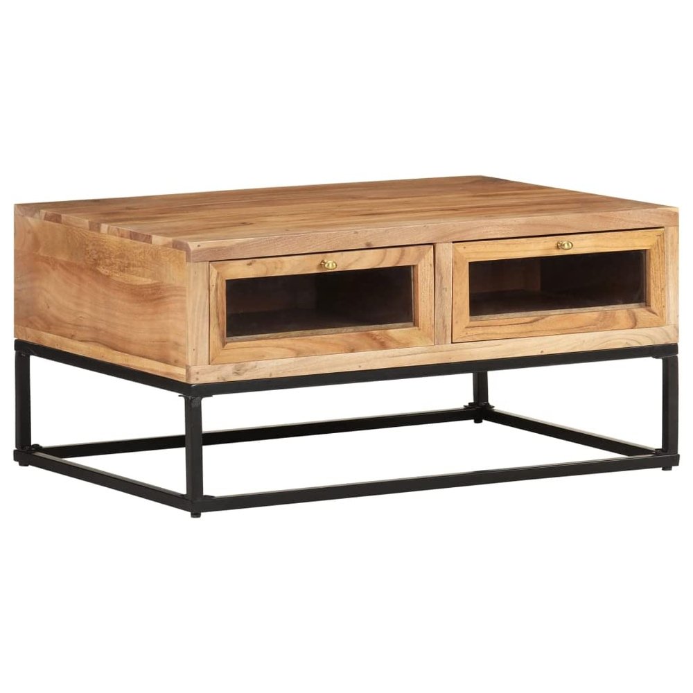 vidaXL Coffee Table, End Table with Steel Base, Side Table with 2 Drawers for Living Room Bedroom, Industrial, Solid Wood Acacia 35,4 Inch