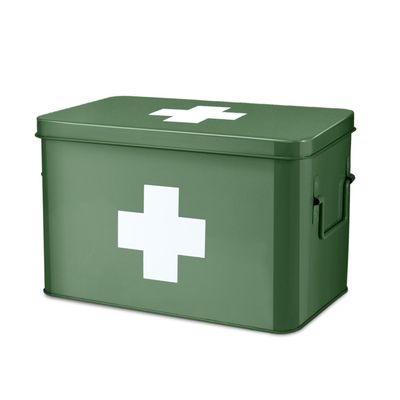 Flexzion First Aid Box Empty 13 Inch Metal Medicine Box, Large First Aid Organizer Tin Storage Box with Removable Tray, Dividers, Side Handles, Vintage Medical Supply Container(Green with White Cross)