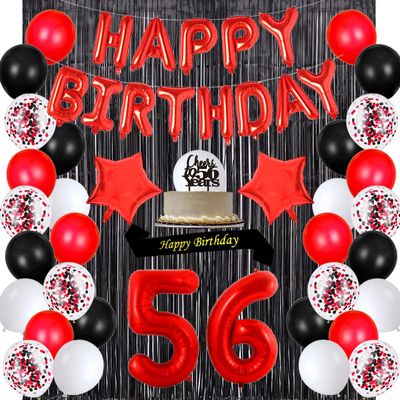 Santonila Red 56th Birthday Party Set - Decorations Kit for Women with Happy Birthday Banner, 56 Topper, Sash, Confetti, Balloons & Black Tinsel