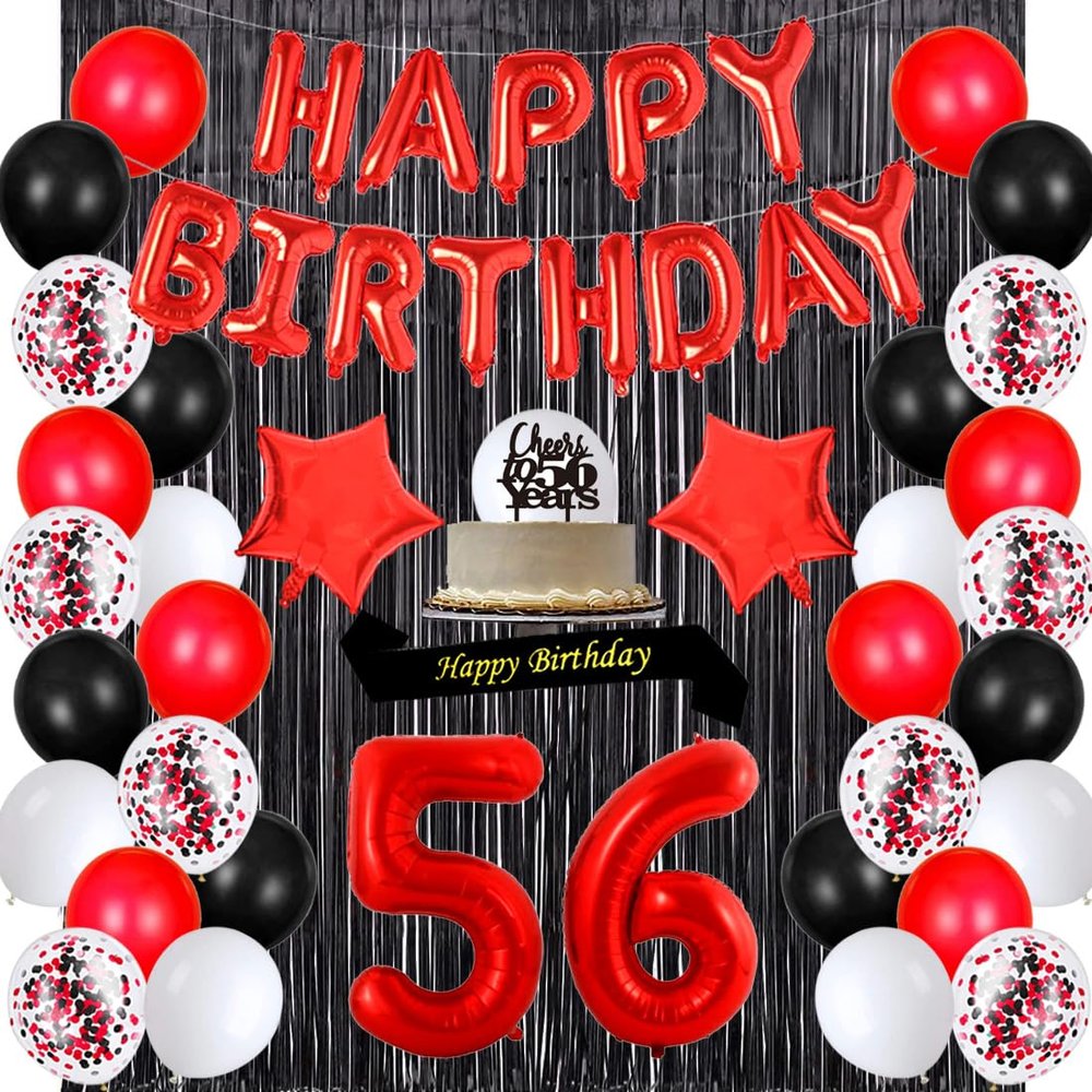 Santonila Red 56th Birthday Party Set - Decorations Kit for Women with Happy Birthday Banner, 56 Topper, Sash, Confetti, Balloons & Black Tinsel