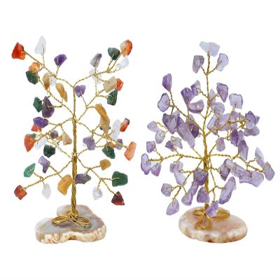 Amethyst & Mix Chakra Mini Slice Natural Healing Gemstone Crystal Bonsai Money Tree Feng Shui for Spiritual Gift Enhance Home Office Decor Good Luck, Wealth & Prosperity Size 80-85 mm