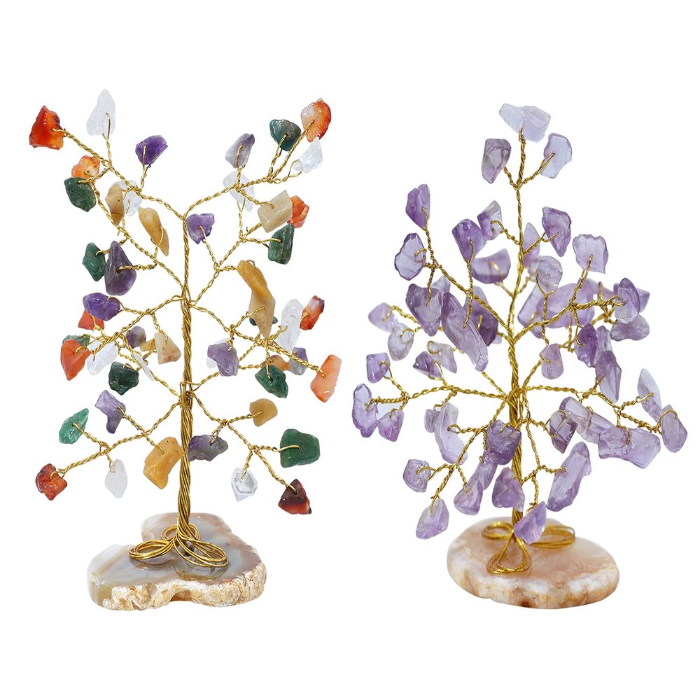 Amethyst & Mix Chakra Mini Slice Natural Healing Gemstone Crystal Bonsai Money Tree Feng Shui for Spiritual Gift Enhance Home Office Decor Good Luck, Wealth & Prosperity Size 80-85 mm