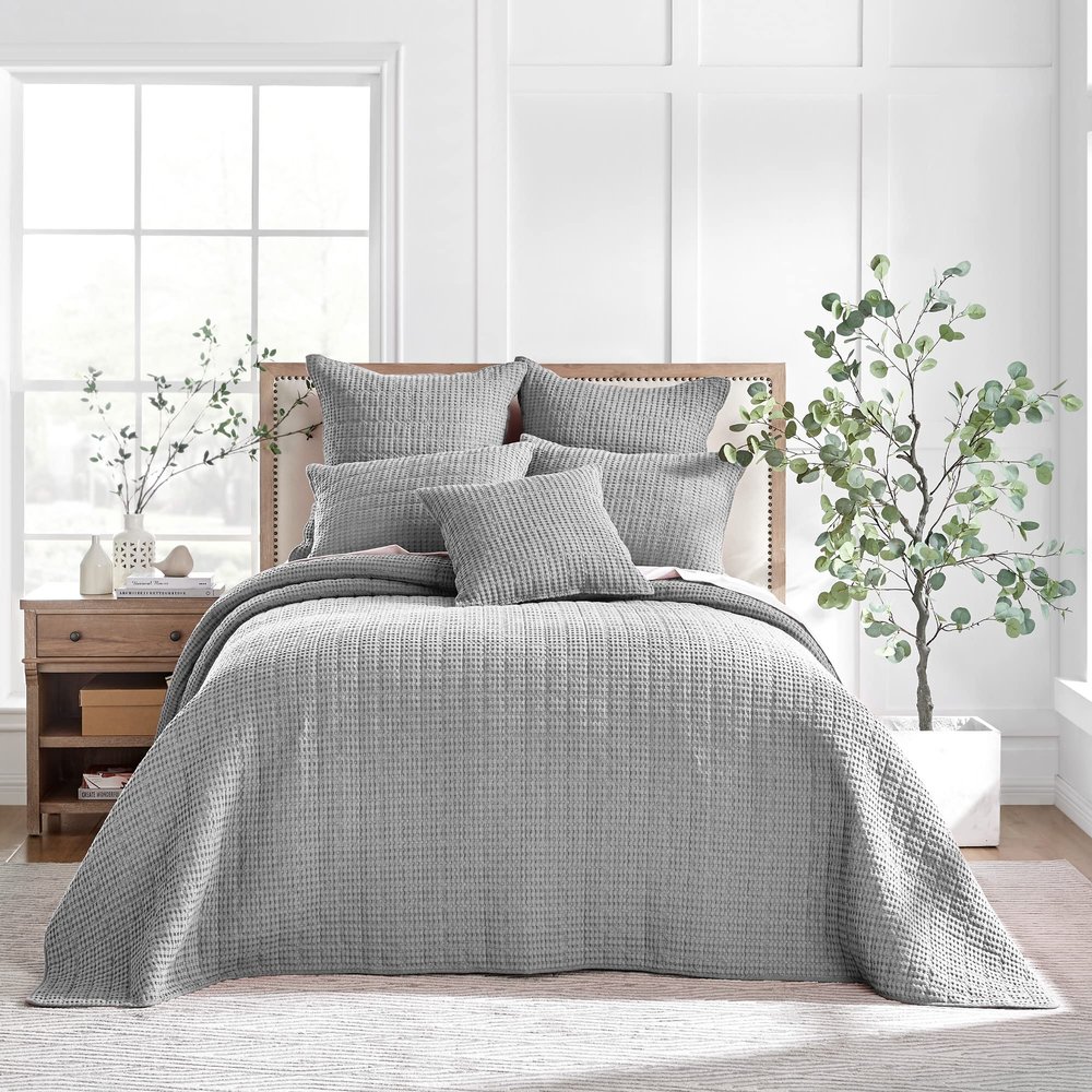 Levtex Home Mills Waffle Full Bedspread Set (100x104in) with 2 Pillow Shams (26x20in) - Grey - Cotton Waffle Full Size Bedspread Set - Lightweight, Soft, Pre-Washed