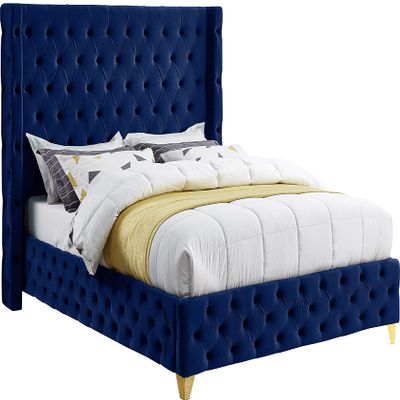 Meridian Furniture SavanNavy-Q Savan Collection Modern | Contemporary Velvet Upholstered Bed with Deep Button Tufting in Gold or Chrome Finish, 72" W x 86" D x 56" H, Navy, Queen