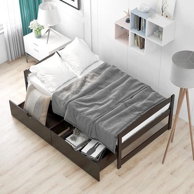Actual Twin Platform Bed with Two Storage Drawers, Wood Slat Support No Box Spring Needed Easy Assembly (Espresso)