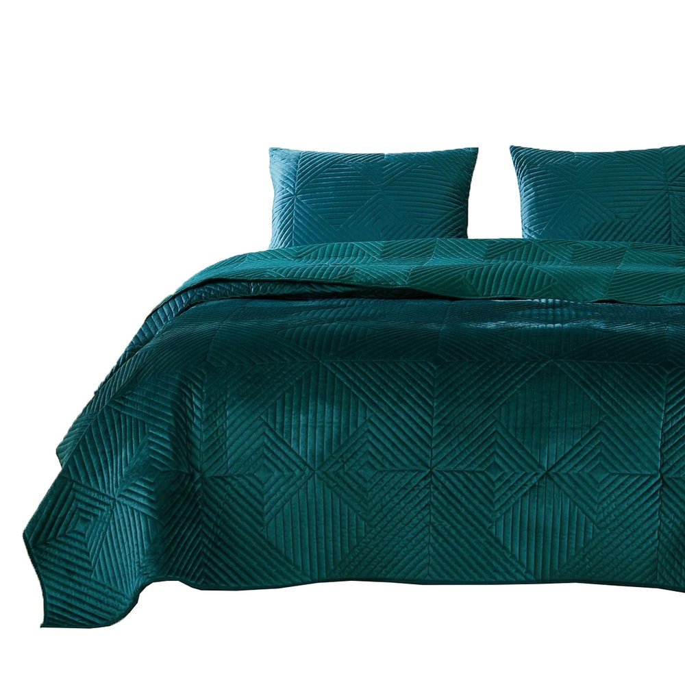 Benjara Bann 3 Piece King Quilt Set with Geometric Design, Green
