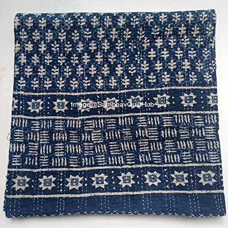 Blue Indigo Print Cotton Handmade Handblock Quilted Blanket With 2 pillow Cover Indian Cottodspread Kantha Indigo Print Beork Bohemian Bed Decor Block Throw Blanket Twin/King/Queen (Twin 60X90 inches)