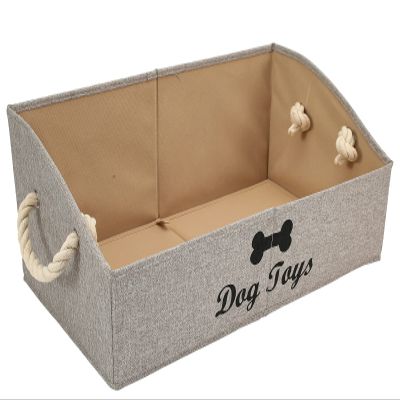 Geyecete Large Dog Toys Storage Bins - Foldable linen Trapezoid Organizer Boxes with weave Rope Handle, Collapsible Basket for Shelves (Light Brown-DOG)