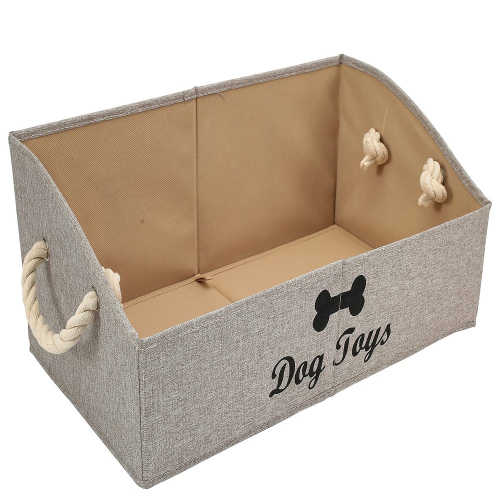 Geyecete Large Dog Toys Storage Bins - Foldable linen Trapezoid Organizer Boxes with weave Rope Handle, Collapsible Basket for Shelves (Light Brown-DOG)