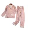 GTHTTT Women's Pajama Set 2 Pcs Loungewear Button-Down Floral Lace Trim Long Sleeve Trousers Nightwear Lounge Cute Print Tee,Pink,Large view 1
